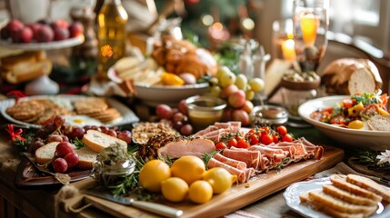 A festive table filled with diverse dishes, fruits, and drinks, perfect for holiday gatherings and celebrations.