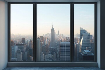 A window in a modern minimalist apartment, framing a city skyline with skyscrapers. 