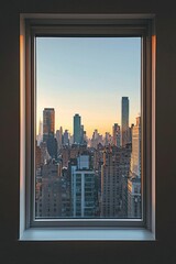 A window in a modern minimalist apartment, framing a city skyline with skyscrapers. 