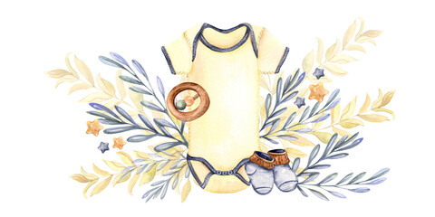 Watercolor composition of a newborn baby set.