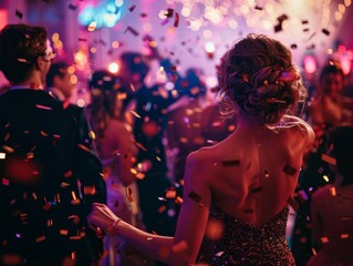 A vibrant party scene filled with colorful confetti, laughter, and dancing, capturing the essence of celebration and joy.