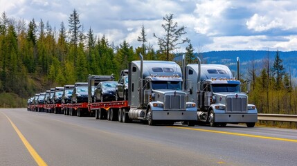 A Line of Trucks Transporting Vehicles Along a Scenic Highway in Spring
