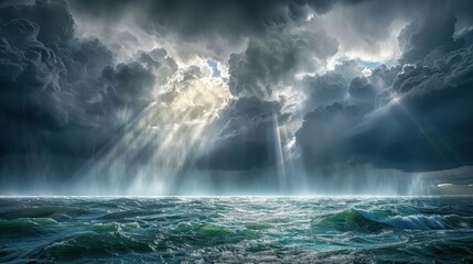 Naklejka premium Dramatic ocean scene with sunbeams piercing through storm clouds