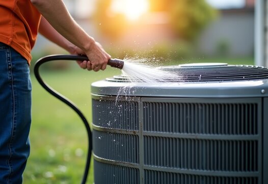 Professional Outdoor Air Conditioner Unit Cleaning Service with Water Spray - Powered by Adobe