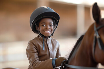 A handsome African American boy with a smile is engaged in equestrian sports in a modern school, development concept, advertising banner.
