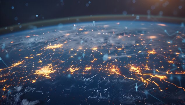 A world map with glowing connections between cities and countries, representing global connectivity and the impact of digital technology on cross Hendricks globe dark blue background