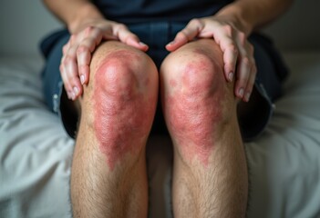 Fototapeta premium Severe Eczema Dermatitis: Young Asian Man Suffering from Itchy, Dry Skin Rash on Legs 