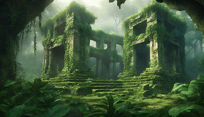 Ancient Ruins Overgrown with Vines in Misty Jungle - Photorealistic Historical Scene