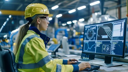 Female Industrial Engineer Wearing Hard Hat and Safety Glasses Working on a Personal Computer at a Factory. She's Checking Digital Blueprint on the Screen. In the Background Heavy Industry Machinery.