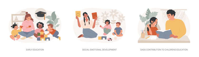 Pre-school children isolated concept vector illustration set.