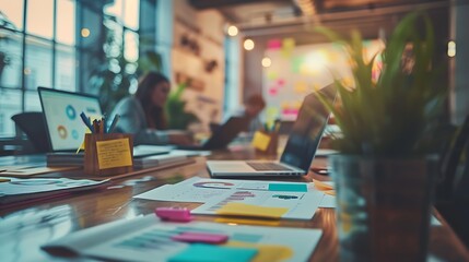A vibrant image of a team working together at a conference table, with laptops and documents, charts and graphs visible on a whiteboard in the background, captured from a wide-angle lens,