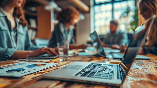 A vibrant image of a team working together at a conference table, with laptops and documents, charts and graphs visible on a whiteboard in the background, captured from a wide-angle lens,