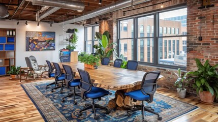 Naklejka premium Modern industrial loft office with rustic wooden table, blue chairs, plants, and large windows. Bright and creative workspace.