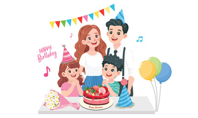 Happy birthday clipart. Birthday party vector. Happy family on birthday party with cake, flowers, gift box, party flags and balloons. Flat vector in cartoon style isolated on white background