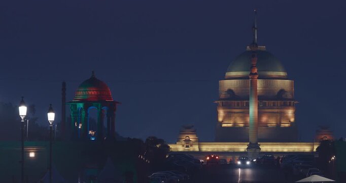 New Delhi, Delhi, India. Close up of Rashtrapati Bhavan, Viceroys House, official residence Presidential Palace in Kartavya Path, Rajpath Area. Rashtrapati Bhavan in evening night illumination lights