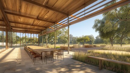 Open-air wooden dining pavilion with long tables and chairs overlooking a natural landscape, perfect for gatherings and events.