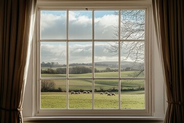 Fototapeta premium A window in a serene countryside manor, with rolling hills and grazing sheep outside. 