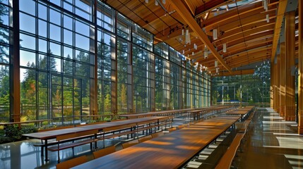 Naklejka premium Spacious modern dining hall with wooden beams and large windows offering a scenic forest view, filled with long tables and benches.