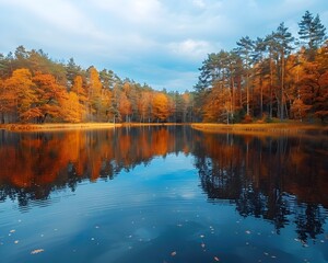 Stunning Autumn Lake Reflection with Vibrant Foliage and Calm Waters