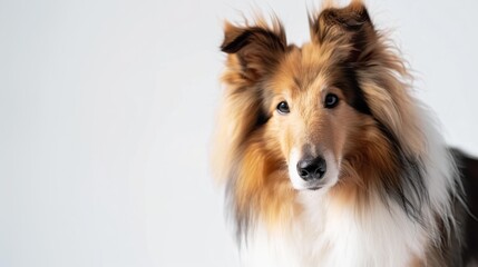Naklejka premium Beautiful collie dog is posing on a white background, its fur is long and flowing