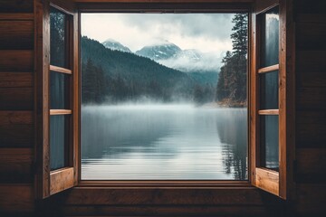 A window in a serene lakeside cabin, capturing a misty morning view with calm waters and distant mountains.