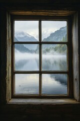 Obraz premium A window in a serene lakeside cabin, capturing a misty morning view with calm waters and distant mountains.
