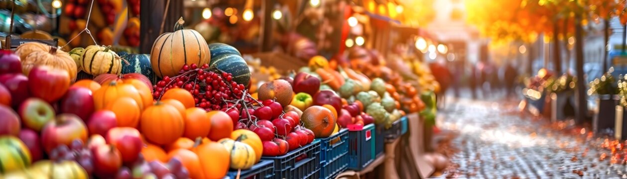 Vibrant Autumn Harvest Festival with Vibrant Produce Stalls and Cheerful Atmosphere