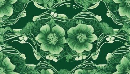 A green floral pattern with two flowers in the center. The flowers are surrounded by green leaves and vines