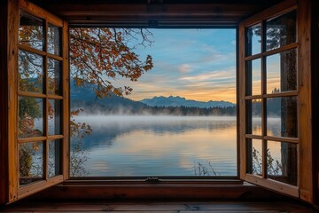 Fototapeta premium A window in a serene lakeside cabin, capturing a misty morning view with calm waters and distant mountains.