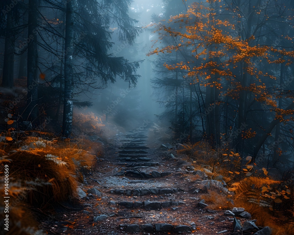 Poster Misty Autumn Forest Path Vibrant Colors and Serene Atmosphere