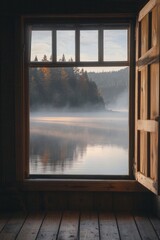 A window in a serene lakeside cabin, capturing a misty morning view with calm waters and distant mountains.