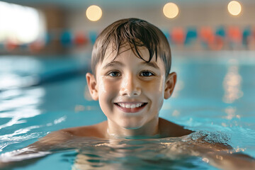 A handsome seven-year-old boy of European appearance close-up with a smile is engaged in swimming in a modern swimming school, development concept, advertising banner,