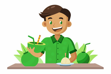 A young man is selling coconut water at a table, vector illustration.