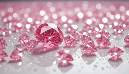 Reflective pink diamonds on a shiny pile of blurred white diamonds