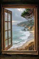 A window in a small coastal cottage, overlooking a serene beach with gentle waves.
