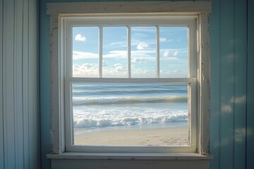 Obraz premium A window in a small coastal cottage, overlooking a serene beach with gentle waves.
