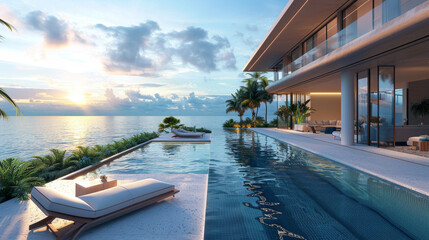 Tropical pool with palm trees and lounge chairs at luxury resort, palm tree pool on the beach overlooking the ocean. lounge chairs with beach towel poolside