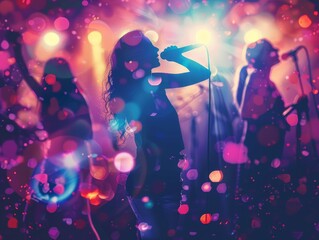 Dynamic concert scene with a singer performing, colorful lights, and an energetic atmosphere, capturing the essence of live music.