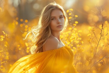 Beautiful blonde woman in a yellow dress standing in a field of golden flowers, bathed in warm sunlight.