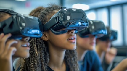 A high school classroom where students are using VR headsets to explore a virtual environment. The teacher is guiding them, and the students are fully immersed in the experience, with expressions of