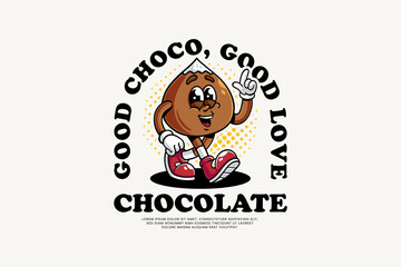 Choco Chip Vector Icon Illustration. Choco Chip Retro Logo Mascot Cartoon Character with Walking Pose and Check Mark Finger Hand Suitable for Web Landing Page, Banner, Flyer, Sticker, Card