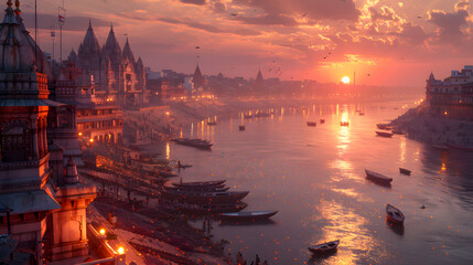 Naklejka premium Varanasi city with ancient architecture. View of the holy Manikarnika ghat at Varanasi India at sunset
