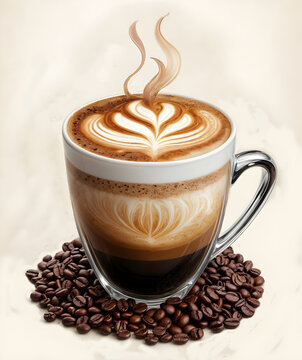 An art design of delicious hot coffee, served in a glass mug with black coffee beans around