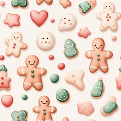 Sweet Watercolor Gingerbread Cookies in Minimalist Kawaii Style with Soft Pastel Colors for Festive Delights, seamless pattern, Generative Ai
