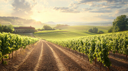 Fototapeta premium Vineyard Serenity at Dawn, lush grapevines line a winding path leading to a rustic farmhouse, bathed in warm morning light, framed by rolling green hills and a tranquil sky.