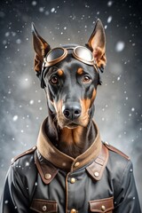 Doberman in Aviator Outfit with Snowy Background