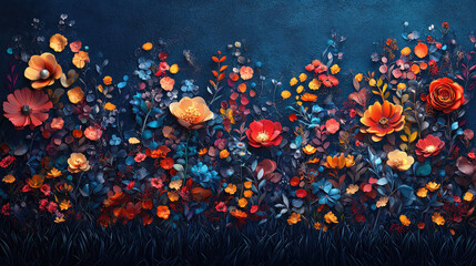 Elegant colorful with vibrant flower hanging branches illustration background. Bright color 3d abstraction wallpaper for interior mural, Generated by AI	
