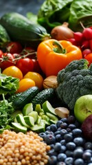 An artistic display of fresh produce on a table with red peppers, tomatoes, blueberries, hazelnuts, and more. Vibrant and visually appealing against a dark background.