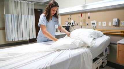 A nurse in blue scrubs prepares a hospital room with a large bed, white sheets, and clinical touches. The room awaits a new patient's arrival, promoting a healing environment.
