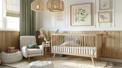 Boho-style nursery room with wood elements, rattan lamps, floral frames, armchair, ottoman, jute accessories, green drapes, and cozy details. Bright, inviting, and charming ambiance.